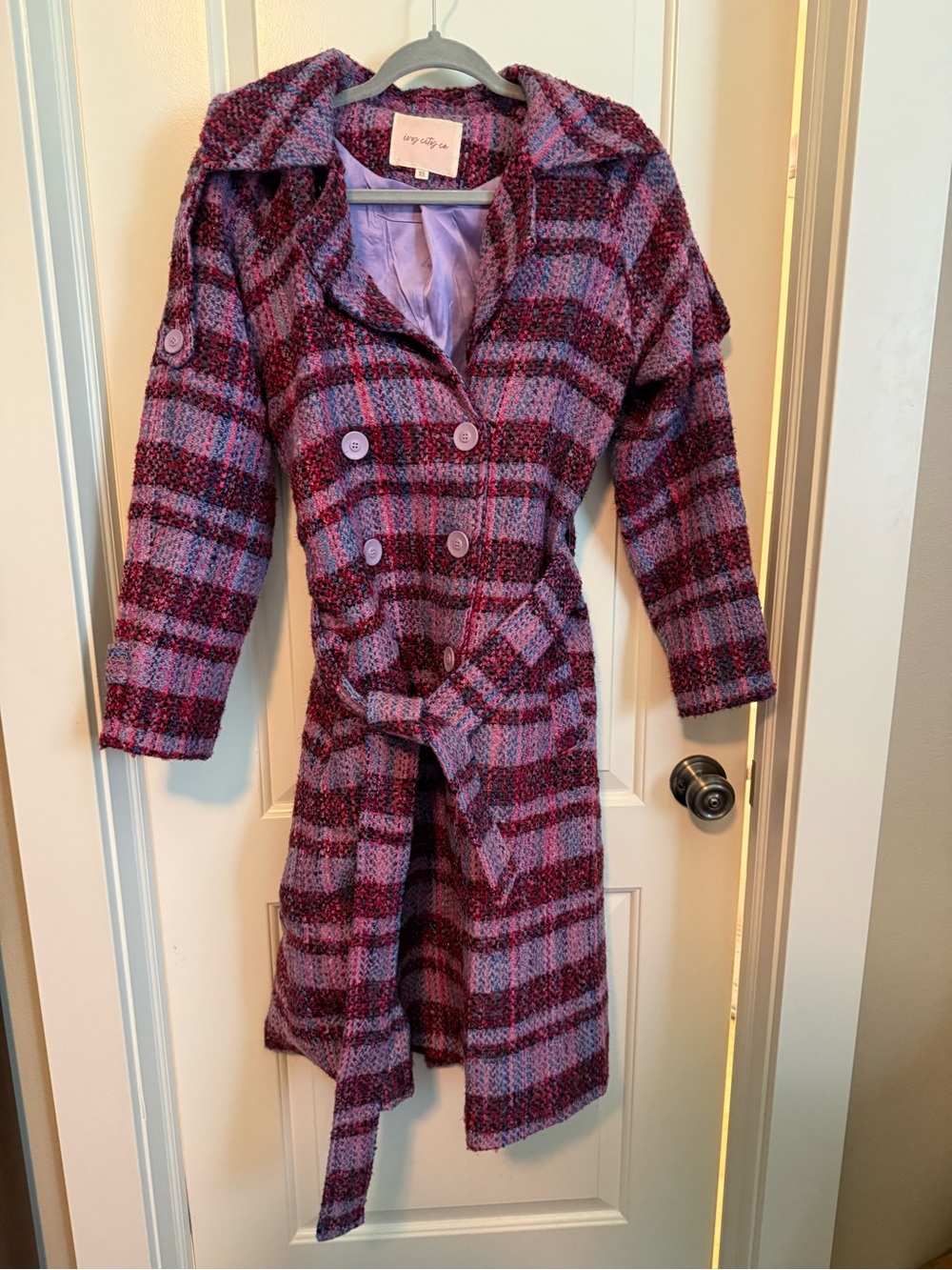 Ivy City Co Holly Dress in Violet Plaid Double-Breasted Belted Trench Coat